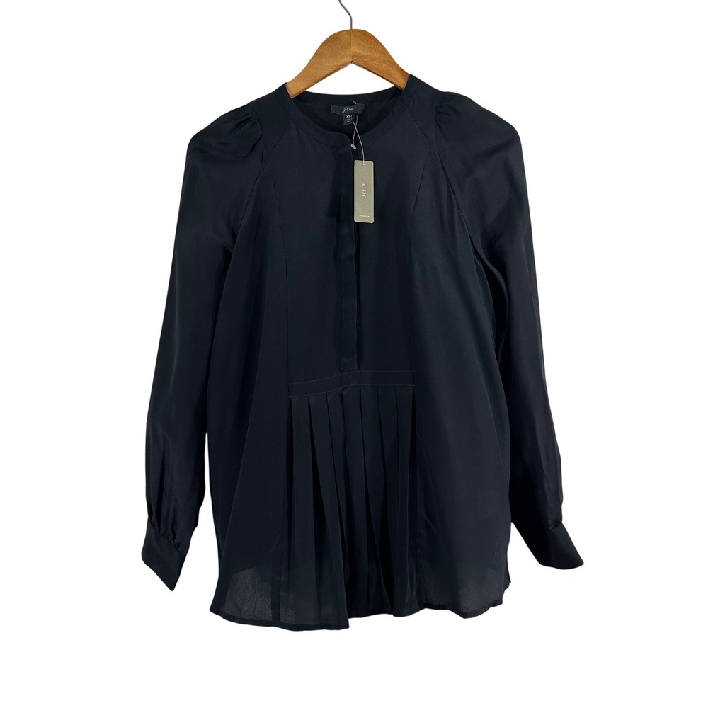 J.Crew Womens Black 100% Silk Pleated Front Puff Sleeve Blouse K1833 XST NEW